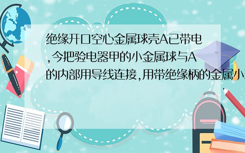 绝缘开口空心金属球壳A已带电,今把验电器甲的小金属球与A的内部用导线连接,用带绝缘柄的金属小球B与A内壁接触后再与验电器乙的小球接触,甲、乙验电器离球壳A足够远．那么甲验电器的