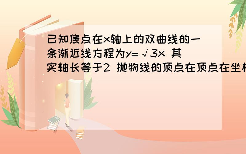 已知焦点在x轴上的双曲线的一条渐近线方程为y=√3x 其实轴长等于2 抛物线的顶点在顶点在坐标原点  焦点是双曲线的右焦点  且点P（2,y0）在抛物线上 （1）求双曲线的方程（2）求y0的值