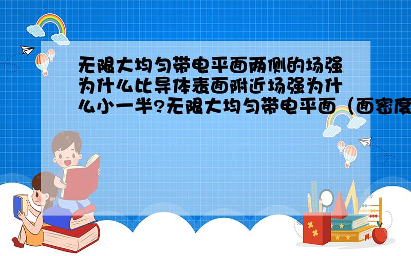 无限大均匀带电平面两侧的场强为什么比导体表面附近场强为什么小一半?无限大均匀带电平面（面密度为σ）两侧的场强为E=σ/(2ε),而在静电平衡状态下, 导体表面（该处表面电荷密度为σ）