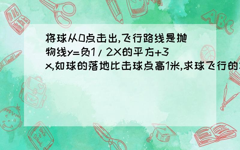 将球从0点击出,飞行路线是抛物线y=负1/2X的平方+3x,如球的落地比击球点高1米,求球飞行的水平距离?