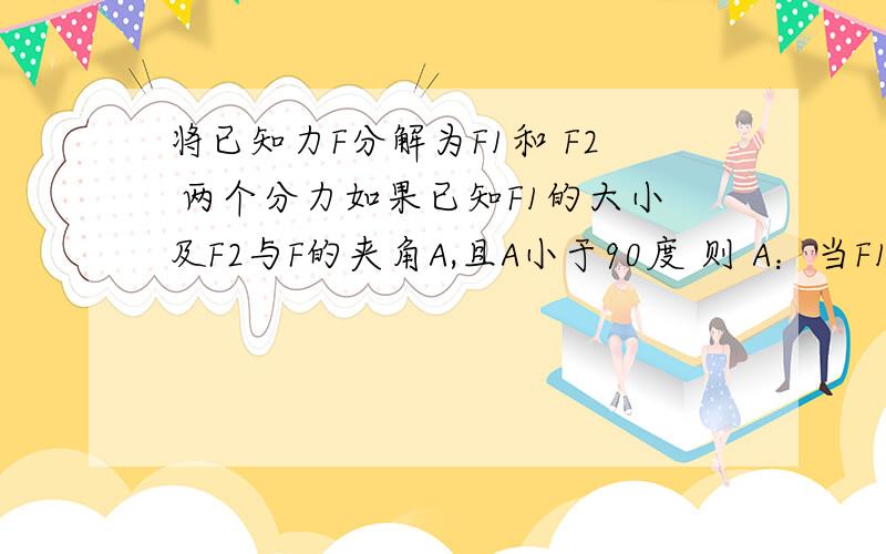 将已知力F分解为F1和 F2 两个分力如果已知F1的大小及F2与F的夹角A,且A小于90度 则 A：当F1小于FsinA F2一定有两个解B；当F大于F1大于FsinA时 F2 一定有两个解C:当F1小于FsinA时 F2有唯一解 D：当F1小