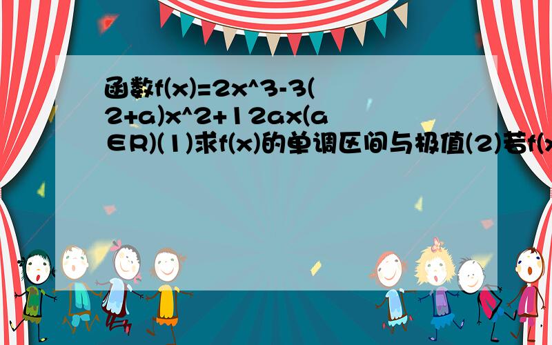 函数f(x)=2x^3-3(2+a)x^2+12ax(a∈R)(1)求f(x)的单调区间与极值(2)若f(x)在(-∞,+∞)上有三个零点.求a的取值范围