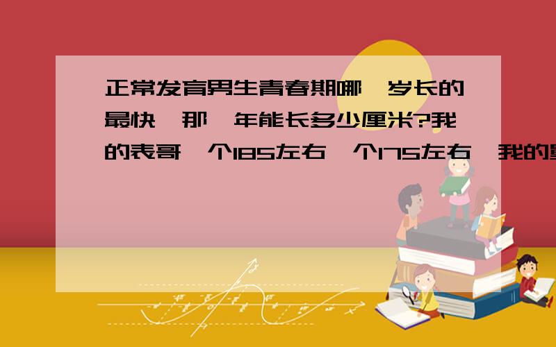 正常发育男生青春期哪一岁长的最快,那一年能长多少厘米?我的表哥一个185左右一个175左右,我的舅舅两个都是175左右,我的爸爸163,妈妈159左右,我的哥哥175,我的理想身高是182,但172能接受了,我