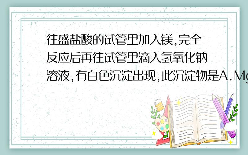 往盛盐酸的试管里加入镁,完全反应后再往试管里滴入氢氧化钠溶液,有白色沉淀出现,此沉淀物是A.MgCO3 B.MgSO4 C.MgCl2 D.Mg(OH)2求分析，相关化学方程式与详解。