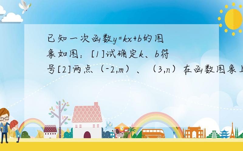 已知一次函数y=kx+b的图象如图：[1]试确定k、b符号[2]两点（-2,m）、（3,n）在函数图象上,比较m、n的大小16.已知：y-1与x成正比例,且x=-2时,y=4[1]写出y与x之间的函数关系式[2]设点（a,-2）在这个函