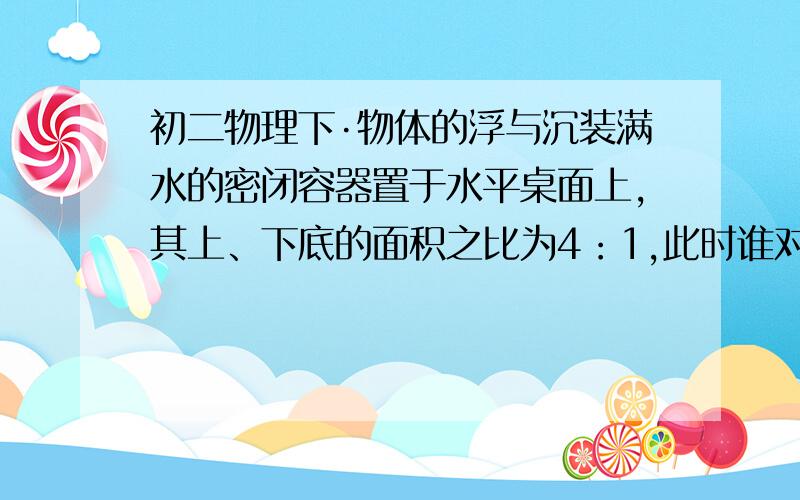 初二物理下·物体的浮与沉装满水的密闭容器置于水平桌面上,其上、下底的面积之比为4：1,此时谁对容器底部的压力为F,容器对桌面的压强为P.当把容器倒置后放到水平桌面上,谁对容器底部