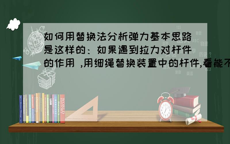 如何用替换法分析弹力基本思路是这样的：如果遇到拉力对杆件的作用 ,用细绳替换装置中的杆件,看能不能维持原来的力学状态——如果能维持,则说明这个杆提供的是拉力；肉则,提供的是