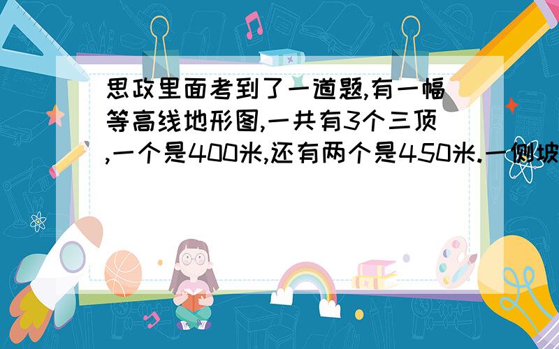 思政里面考到了一道题,有一幅等高线地形图,一共有3个三顶,一个是400米,还有两个是450米.一侧坡度较大,相对高度为300米.问：此地属于什么地形.【+理由】（山地还是丘陵.）