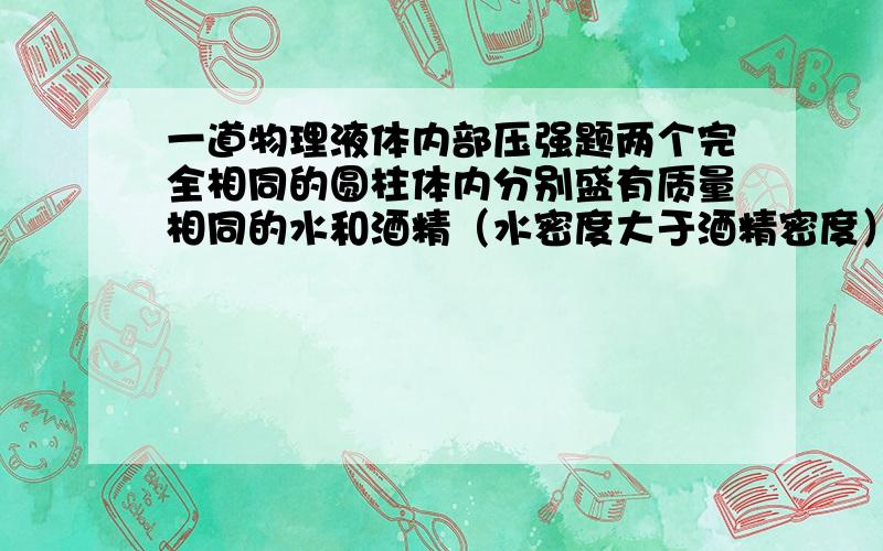 一道物理液体内部压强题两个完全相同的圆柱体内分别盛有质量相同的水和酒精（水密度大于酒精密度）,将实心金属球甲浸没在水中,实心金属球乙浸没在酒精中,且均无液体溢出,这时水和酒