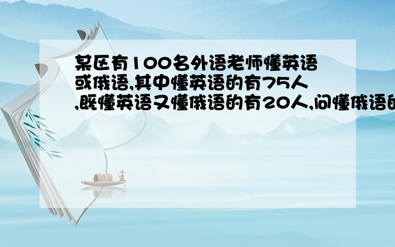 某区有100名外语老师懂英语或俄语,其中懂英语的有75人,既懂英语又懂俄语的有20人,问懂俄语的老师有多少