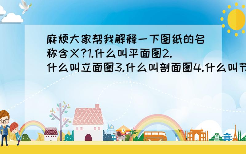 麻烦大家帮我解释一下图纸的名称含义?1.什么叫平面图2.什么叫立面图3.什么叫剖面图4.什么叫节点图5.什么叫大样图6.什么叫施工图