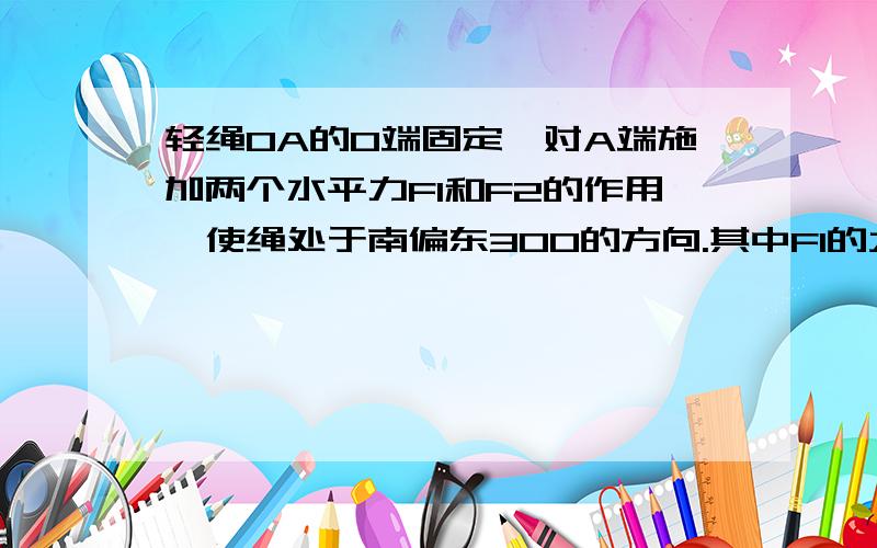 轻绳OA的O端固定,对A端施加两个水平力F1和F2的作用,使绳处于南偏东300的方向.其中F1的大小为3N,方向水平向东,如图所示.若F2的方向指向正南,试求该力大小以及此时绳上的拉力大小.图见附件.