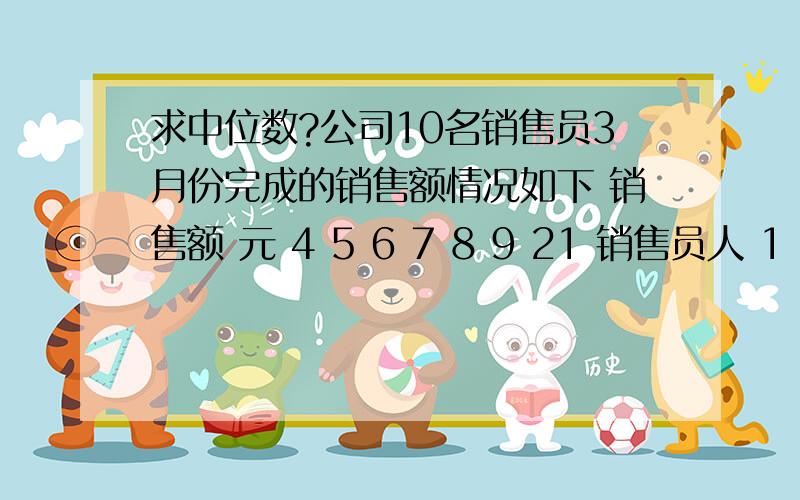 求中位数?公司10名销售员3月份完成的销售额情况如下 销售额 元 4 5 6 7 8 9 21 销售员人 1 3 2 1 1 1 1