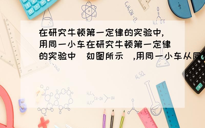 在研究牛顿第一定律的实验中,用同一小车在研究牛顿第一定律的实验中（如图所示）,用同一小车从同样斜面的同一高度滚下,接着在材料不同的平面上继续运动,分别停止在如图所示的位置.