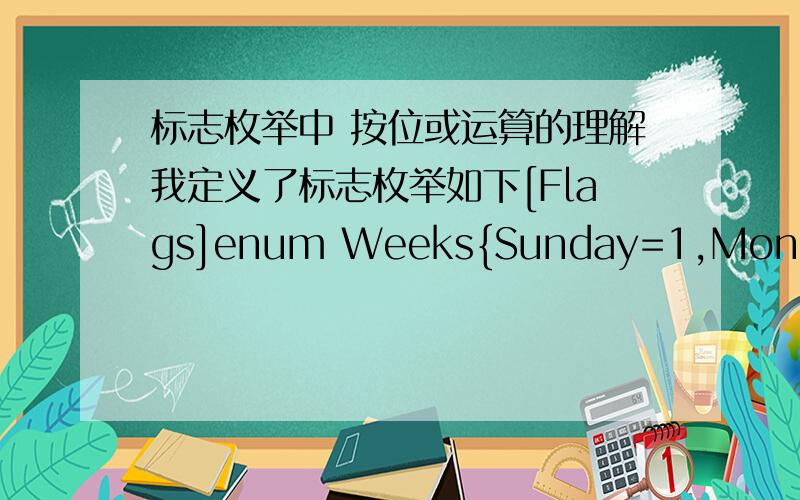 标志枚举中 按位或运算的理解我定义了标志枚举如下[Flags]enum Weeks{Sunday=1,Monday=2,Tuesday=4,Wensday=8,Thursday=16,Friday=32,Saturday=64}然后测试代码中是Console.WriteLine(