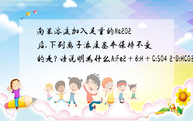 向某溶液加入足量的Na2O2后,下列离子浓度基本保持不变的是?请说明为什么A：Fe2+B：H+C：SO4 2-D：HCO3 2-