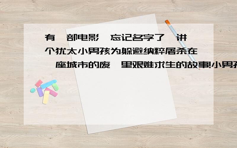 有一部电影,忘记名字了,讲一个犹太小男孩为躲避纳粹屠杀在一座城市的废墟里艰难求生的故事!小男孩得到了一个小女孩一家的帮助,最后,这个小男孩的爸爸回来把他带走了!