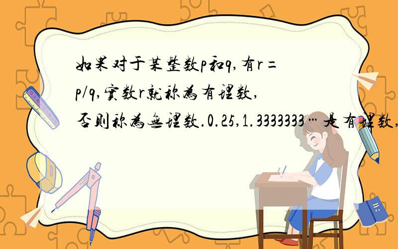 如果对于某整数p和q,有r=p/q,实数r就称为有理数,否则称为无理数.0.25,1.3333333…是有理数,而π和√p（p是任意素数）就是无理数,用反证法证明√7是无理数.注：π是指圆周率,√p指p的算术平方根,