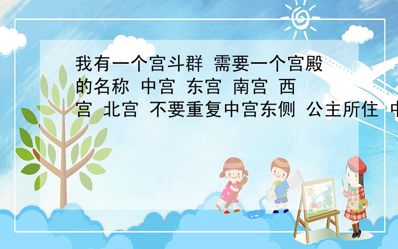 我有一个宫斗群 需要一个宫殿的名称 中宫 东宫 南宫 西宫 北宫 不要重复中宫东侧 公主所住 中宫西侧 皇子所住 东西南北宫 嫔妃所住 答得好