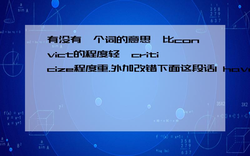 有没有一个词的意思,比convict的程度轻,criticize程度重.外加改错下面这段话I have a dissimilar estimate that this event must be a trap .As we all know ,James is a faithful and sensible person .He can't do a foolish thing like th