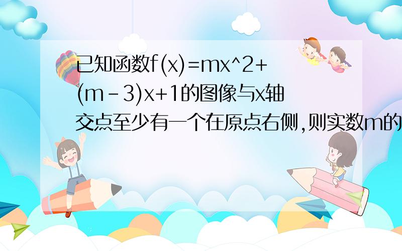 已知函数f(x)=mx^2+(m-3)x+1的图像与x轴交点至少有一个在原点右侧,则实数m的取值范围