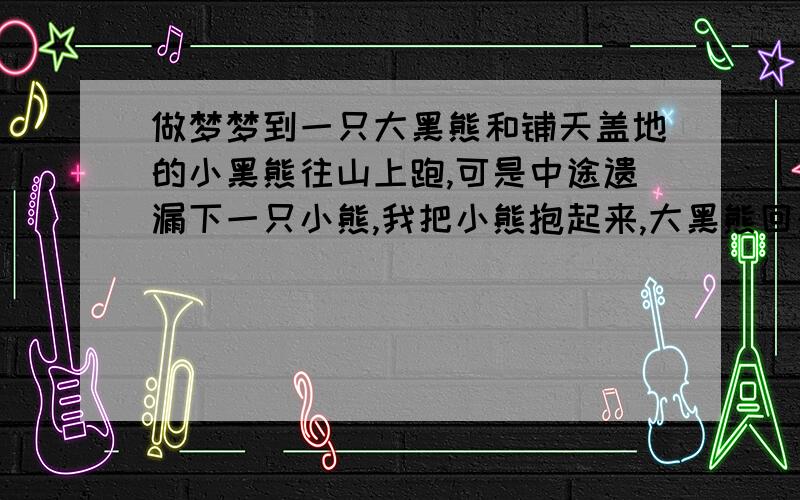 做梦梦到一只大黑熊和铺天盖地的小黑熊往山上跑,可是中途遗漏下一只小熊,我把小熊抱起来,大黑熊回来了我把小熊交个大黑熊,大黑熊和我说话,而且在梦里像朋友一样友好,大黑熊回来的时