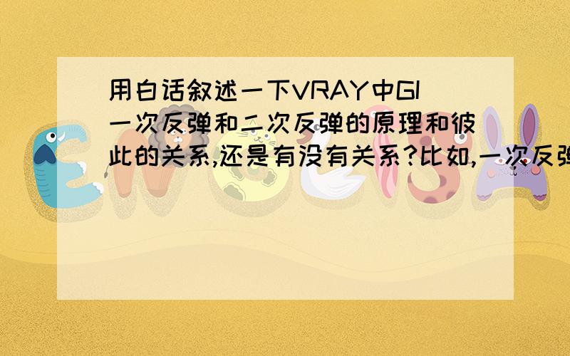 用白话叙述一下VRAY中GI一次反弹和二次反弹的原理和彼此的关系,还是有没有关系?比如,一次反弹些什么,二次反弹又反弹些什么?为什么只启用一次反弹就能达到一定的间接照明效果,那么在渲