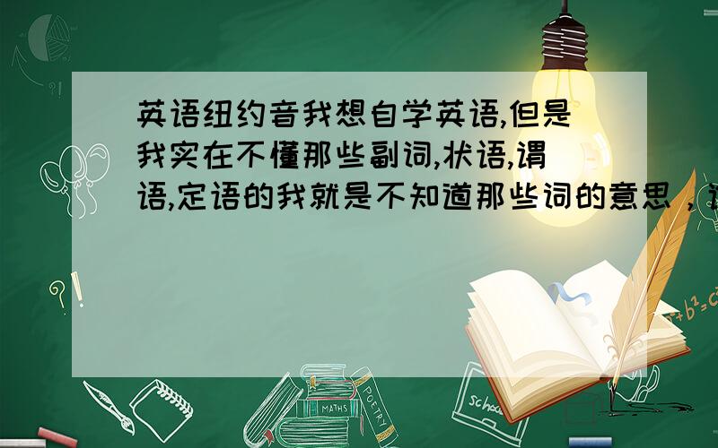 英语纽约音我想自学英语,但是我实在不懂那些副词,状语,谓语,定语的我就是不知道那些词的意思，谁能告我哪里有解释这些词的网站或书，麻烦再给我一个标准纽约音的网站，