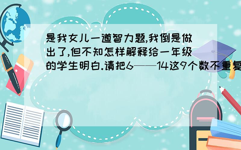 是我女儿一道智力题,我倒是做出了,但不知怎样解释给一年级的学生明白.请把6——14这9个数不重复的填入九宫格内,使每一列、每一行、以及对角线上的数字之和都等于30.有什么简便易懂的