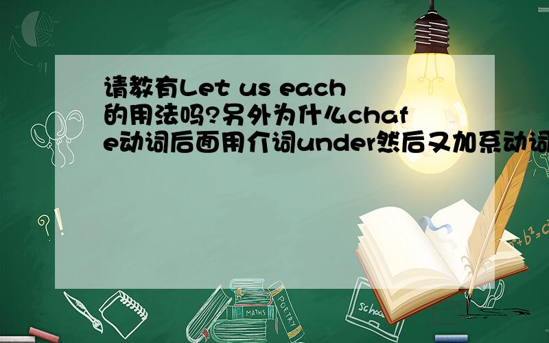 请教有Let us each的用法吗?另外为什么chafe动词后面用介词under然后又加系动词are呢?Let us each rise to the great heights,recognizing that some of the restraints that we may chafe under are actually the steadying force that hel