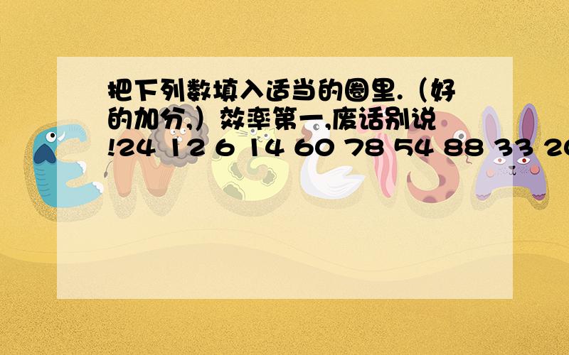 把下列数填入适当的圈里.（好的加分,）效率第一,废话别说!24 12 6 14 60 78 54 88 33 20 30 184的倍数：6的倍数：10的倍数：