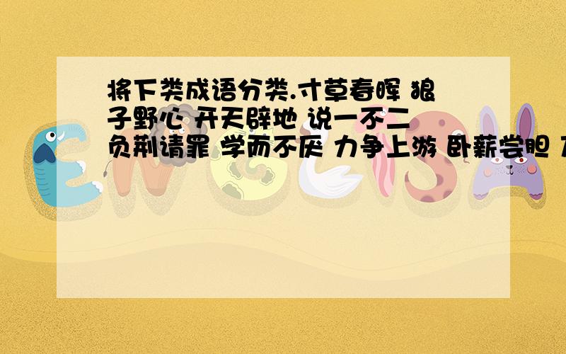 将下类成语分类.寸草春晖 狼子野心 开天辟地 说一不二 负荆请罪 学而不厌 力争上游 卧薪尝胆 万马齐喑八仙过海 闻鸡起舞 指手画脚神话、寓言：诗文语句：口头俗语：