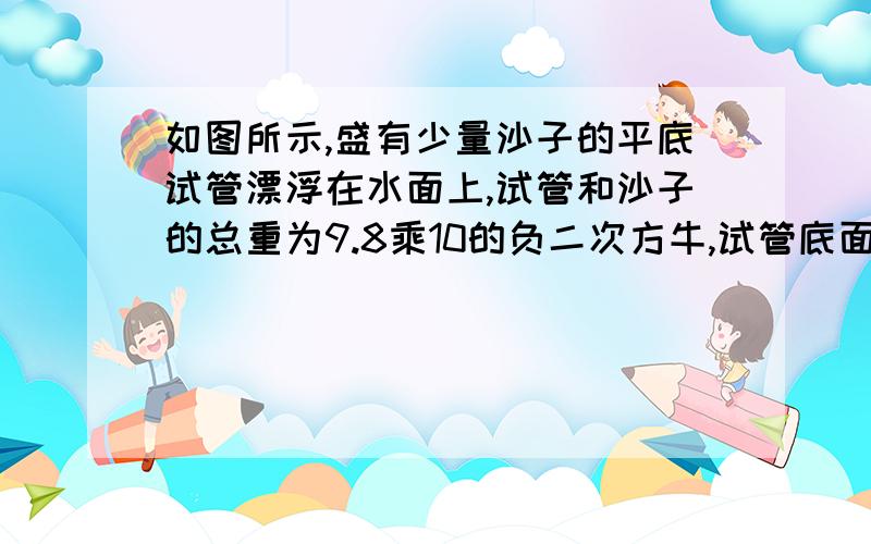 如图所示,盛有少量沙子的平底试管漂浮在水面上,试管和沙子的总重为9.8乘10的负二次方牛,试管底面积为2乘10的负四平方米,求：试管底部受到睡的压强是多少?试管浸入水中的深度是多少米