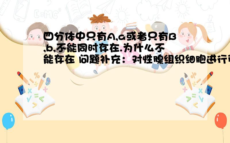 四分体中只有A,a或者只有B,b,不能同时存在.为什么不能存在 问题补充：对性腺组织细胞进行荧光标记,等位基因A、a都被标记为黄色,等位基因B、b都被标记为绿色,在荧光显微镜下观察处于四分