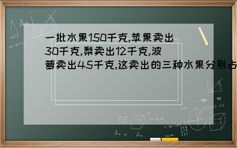 一批水果150千克,苹果卖出30千克,梨卖出12千克,波萝卖出45千克,这卖出的三种水果分别占总水果的百分之几?