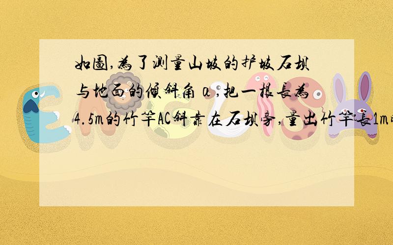 如图,为了测量山坡的护坡石坝与地面的倾斜角α,把一根长为4.5m的竹竿AC斜靠在石坝旁,量出竹竿长1m时它离地面的高度为0.6m,又量得竿顶与坝脚的距离BC=2.8m.这样∠α求就可以算出来了.请你算