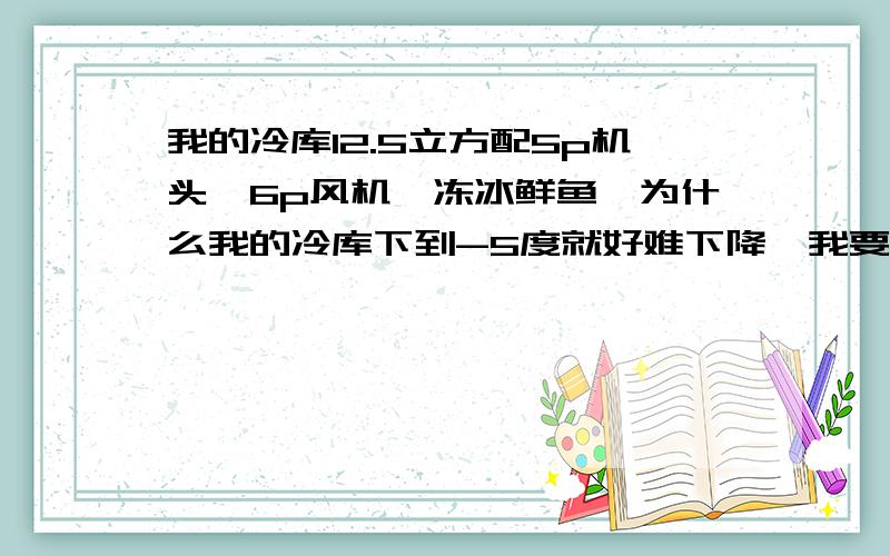 我的冷库12.5立方配5p机头,6p风机,冻冰鲜鱼,为什么我的冷库下到-5度就好难下降,我要求的温度要-15度!