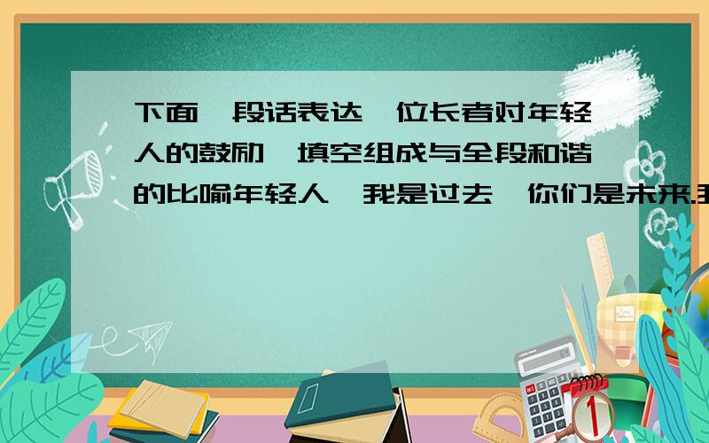 下面一段话表达一位长者对年轻人的鼓励,填空组成与全段和谐的比喻年轻人,我是过去,你们是未来.我只是一片落叶,你们是（ ）；我是一支蜡烛,你们是（ ）.