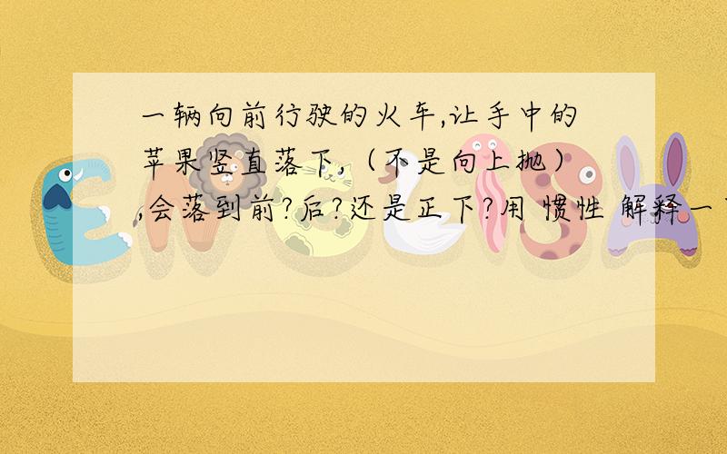 一辆向前行驶的火车,让手中的苹果竖直落下,（不是向上抛）,会落到前?后?还是正下?用 惯性 解释一下很急!