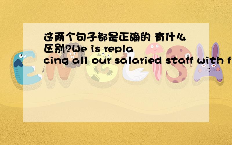 这两个句子都是正确的 有什么区别?We is replacing all our salaried staff with freelancers.我们正在用自由职业者取代我们所有的领薪水的工作人员.We are replacing all our salaried staff with freelancers.我们正在