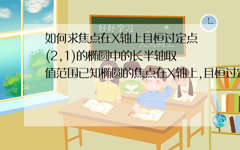 如何求焦点在X轴上且恒过定点(2,1)的椭圆中的长半轴取值范围已知椭圆的焦点在X轴上,且恒过定点(2,1),求长半轴的取值范围