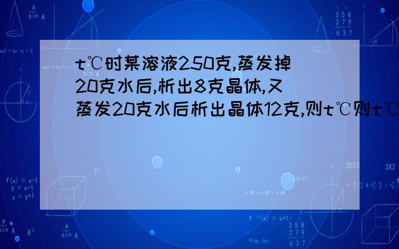 t℃时某溶液250克,蒸发掉20克水后,析出8克晶体,又蒸发20克水后析出晶体12克,则t℃则t℃时该物质的溶解度