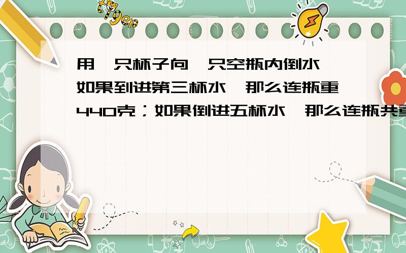 用一只杯子向一只空瓶内倒水,如果到进第三杯水,那么连瓶重440克；如果倒进五杯水,那么连瓶共重600克.一杯水和一直空瓶各重多少克