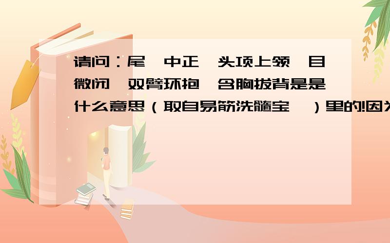 请问：尾闾中正,头项上领,目微闭,双臂环抱,含胸拔背是是什么意思（取自易筋洗髓宝芨）里的!因为最近对国术产生兴趣 所以问问