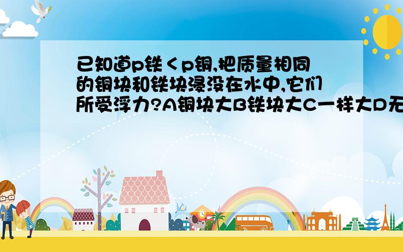 已知道p铁＜p铜,把质量相同的铜块和铁块浸没在水中,它们所受浮力?A铜块大B铁块大C一样大D无法判断速度速度~