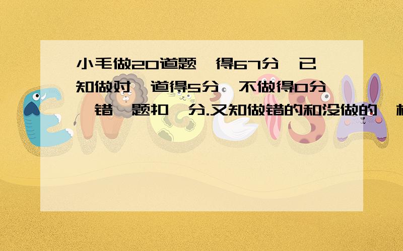 小毛做20道题,得67分,已知做对一道得5分,不做得0分,错一题扣一分.又知做错的和没做的一样多.做对