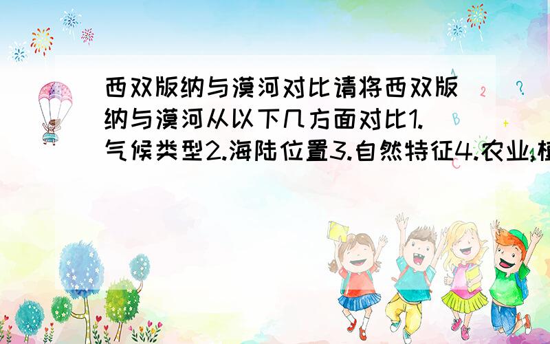 西双版纳与漠河对比请将西双版纳与漠河从以下几方面对比1.气候类型2.海陆位置3.自然特征4.农业,植被类型5.主要作物（主食,糖料作物,油料作物）作物熟制6.文化,民俗风情7.水源、交通8.经