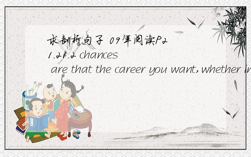 求剖析句子 09年阅读P2 1.21.2 chances are that the career you want,whether in nursing,counseling ,law,or management,requires a college education.麻烦翻译句子说出是个什么句子（陈述,从句等）,句子成分,主谓宾,表定状