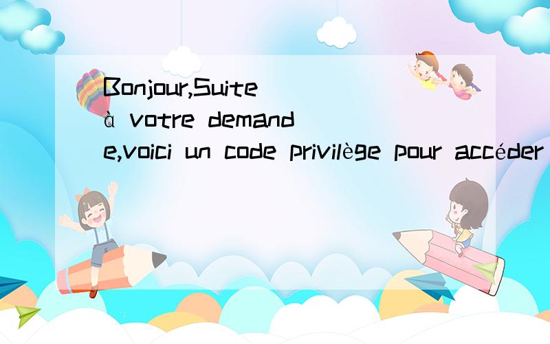 Bonjour,Suite à votre demande,voici un code privilège pour accéder gratuitementà l'intégralité de notre site de vidéos pour personnes majeures.Pour valider votre code,rendez-vous à cette adresse :*** VOTRE CODE :GRAT8 ***Vous aurez accès aux