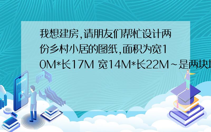 我想建房,请朋友们帮忙设计两份乡村小居的图纸,面积为宽10M*长17M 宽14M*长22M~是两块地皮